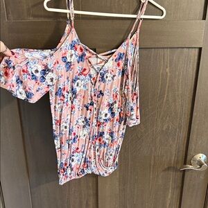 Daytrip Floral Cold Shoulder Blouse - Pink, Blue, Red